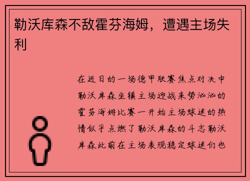 勒沃库森不敌霍芬海姆，遭遇主场失利